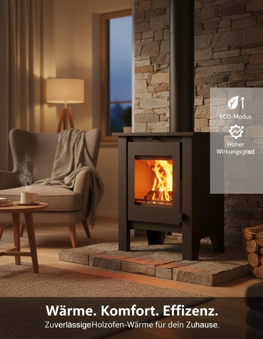 NEMAXX® H8 Belüfteter Holzofen Kaminofen Schwarz 7,6 kW 50–90 m² Warmluftgebläse Tangentiallüfter 2 Stufen Primär-/Sekundärluft EEK A 76% Ø 150 mm Vermiculite-Auskleidung Keramikglas 850 °C