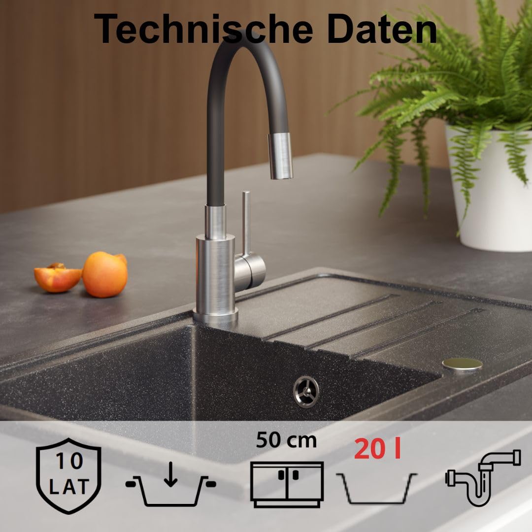 QUADRON Spülbecken Granitspüle Küche | Größe: 70 x 44 x 17,5 cm, Farbe: Schwarz | BEN 111 Küchenspüle Einbeckenspüle Set: Granitspüle + Schwarz/Stahl Flexibel Küchenarmatur + manuell Siphon
