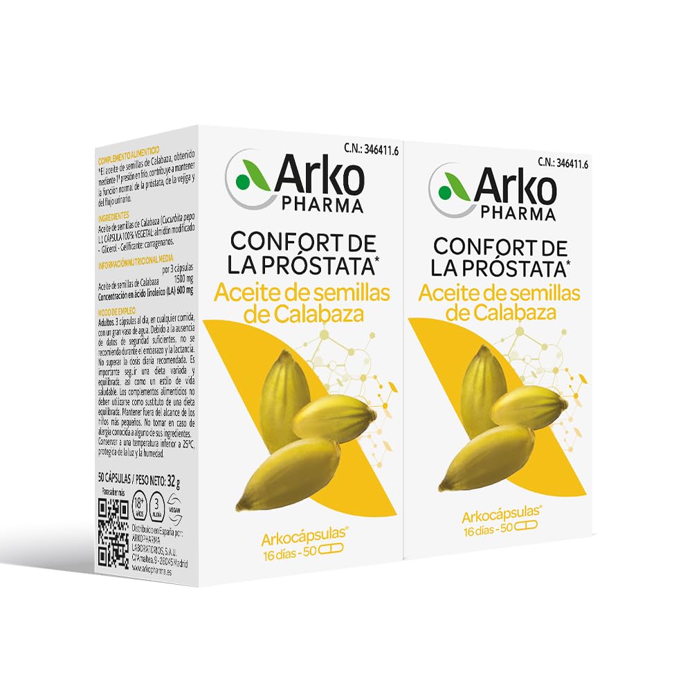 Arkopharma Arkocápsulas Semillas de Aceite de Calabaza, 100 Cápsulas Pack x2, Confort y Función Normal de la Próstata, la Vejiga y del Flujo Urinario, Complemento Alimenticio