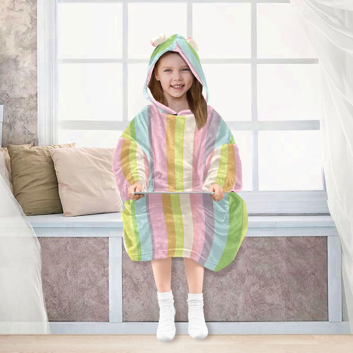 Rowbin Stripes dziecięcy koc do noszenia z kapturem, oversize, bluza z kapturem, kolorowe paski, dla chłopców i dziewcząt w wieku 3-14 lat