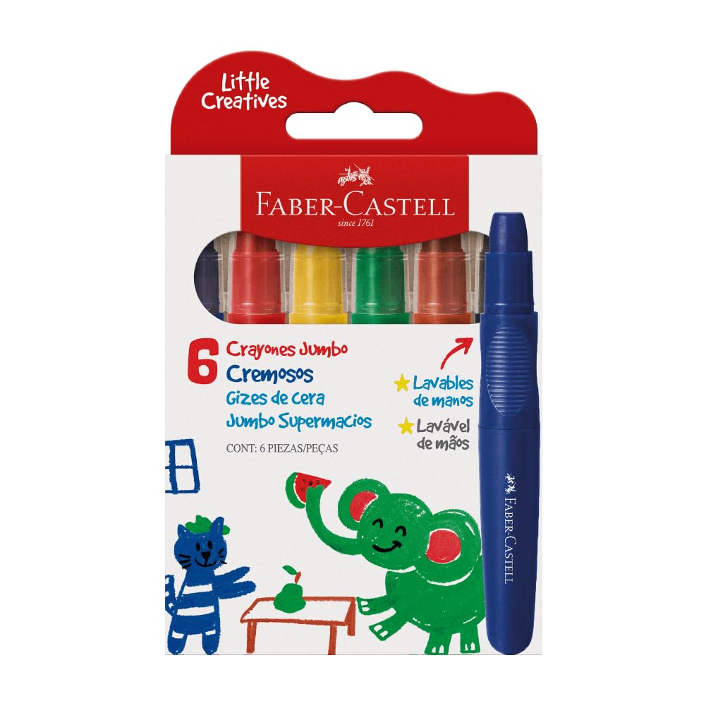 Giz de Cera Jumbo Little Creatives, Faber-Castell, Supermacio, Grosso, Infantil, Pré-escola, 6 Cores