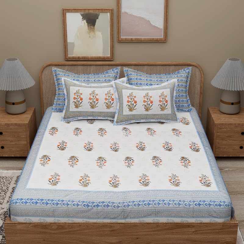 RAVENS 100% Cotton Queen Size Bedsheet for Double Bed, 1 Cotton Bed Sheet Double Bed (90 X 108 Inches) with 2 Pillow Covers with Chain Bed Sheet Double Bed (Blue Colour)