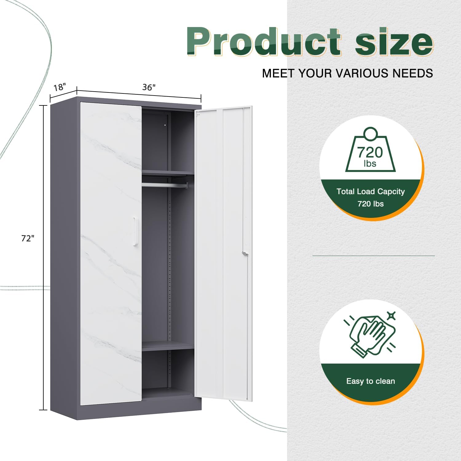 Product size diagram showing dimensions 18 inches deep, 36 inches wide, 72 inches high, with icons for 720 lbs total load capacity and easy to clean.