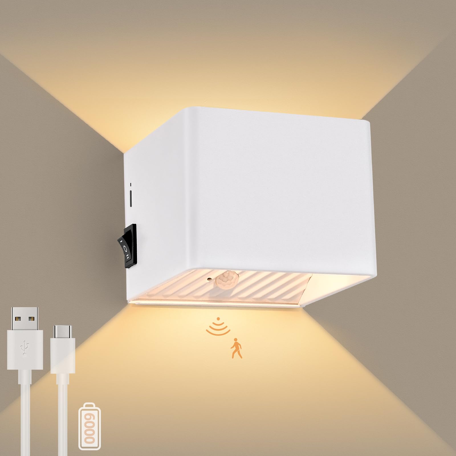 GeyouLux Lámpara de pared con batería de 6000 mAh con detector de movimiento, para interiores, 5 W, sin conexión de alimentación, iluminación de pared recargable por USB, 3000 K, color blanco, lámpara