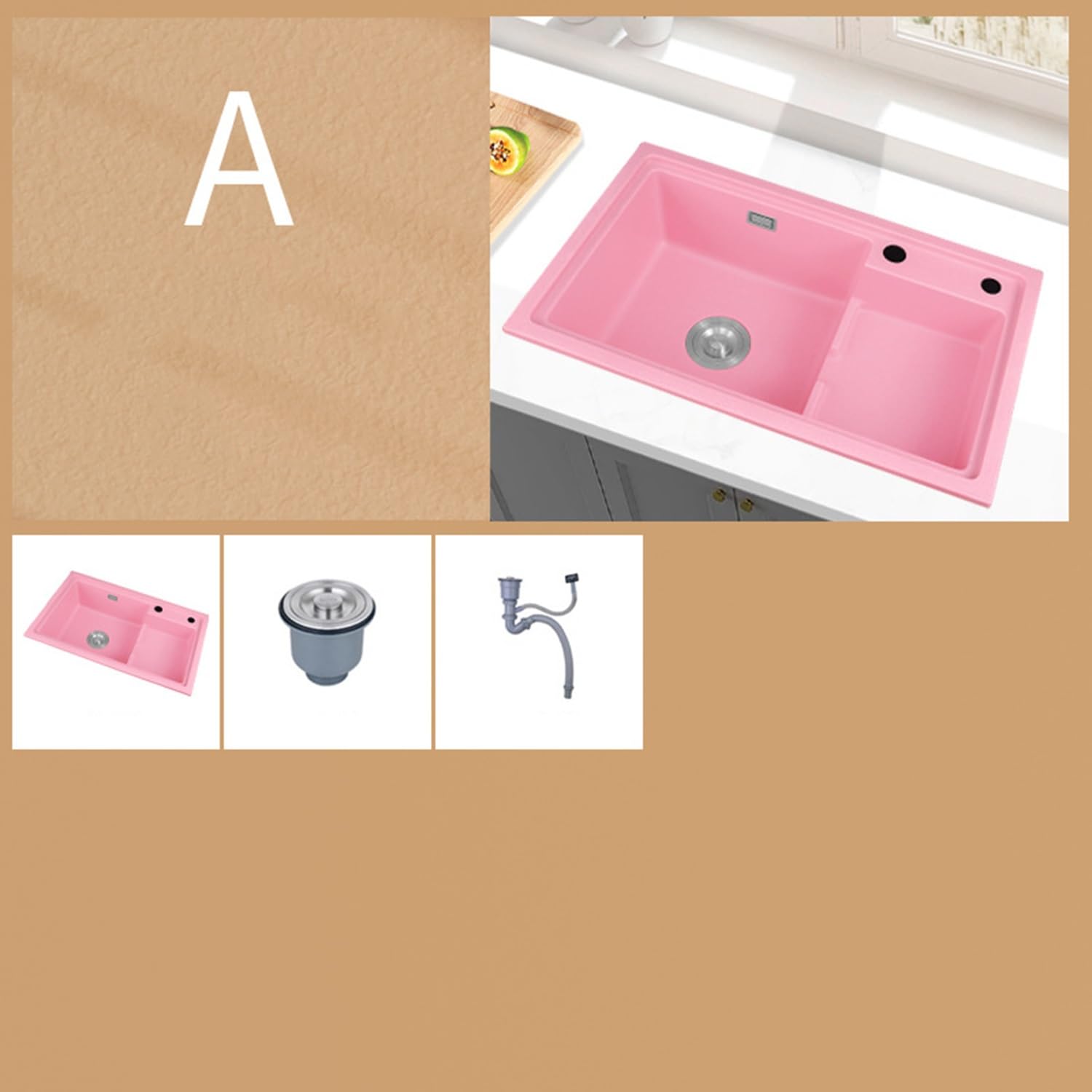 Fregadero de cocina rosa de granja para estación de trabajo, fregadero de cocina de granito, fregadero de barra húmeda de entretenimiento para cocina de granja (A)