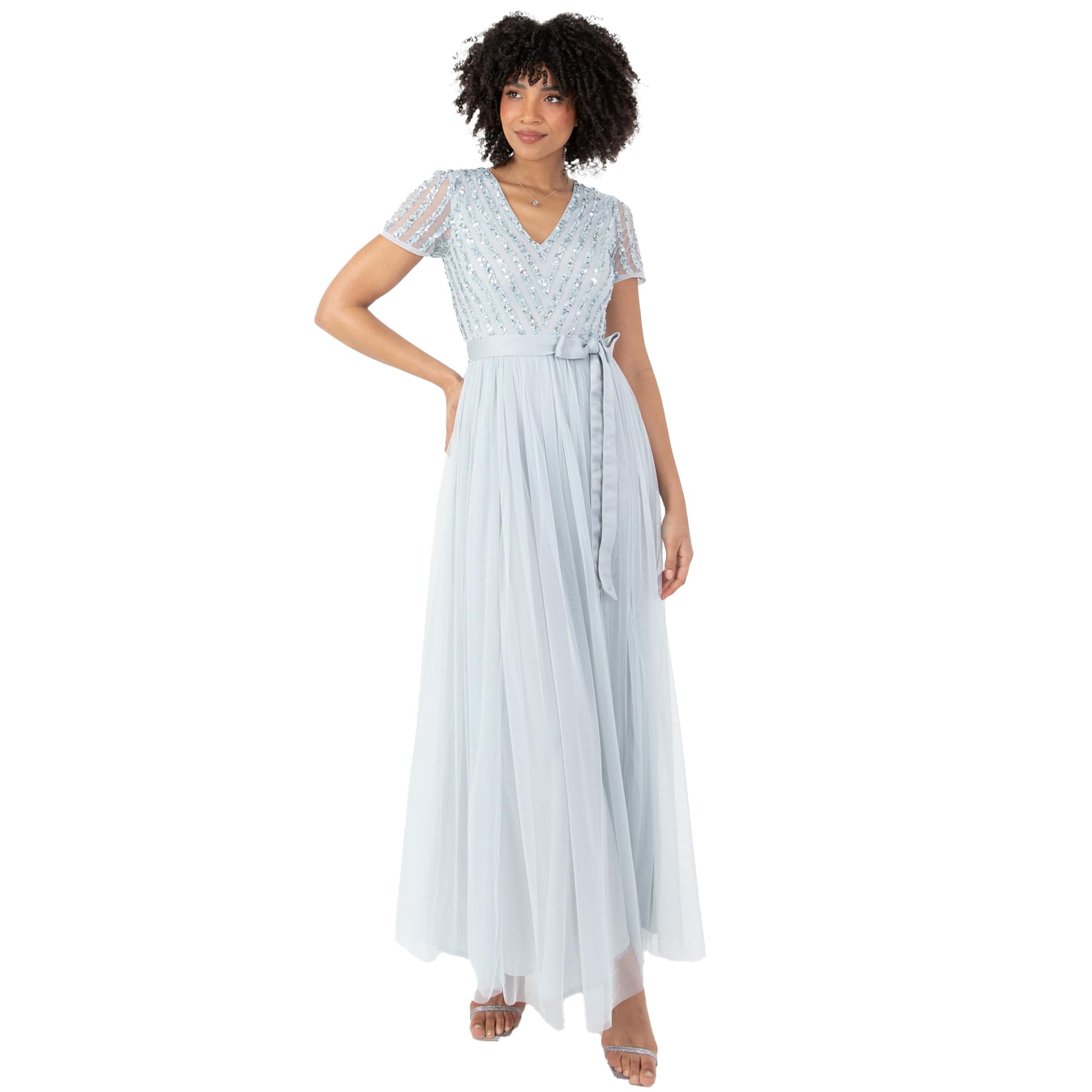 Maya Deluxe Damen Maya Deluxe Maxi Dress for Women Ladies Bridesmaid V-Neck Ball Gown Short Sleeves Long Elegant Empire Waist Wedding Brautjungfernkleid (1er Pack)