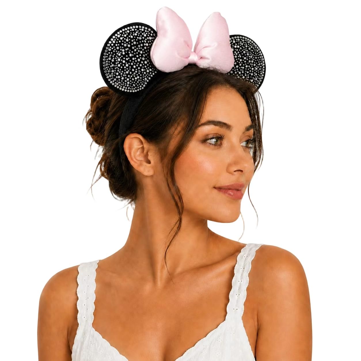 3D Velvet Mouse Ears Headband with Pearls Beads, Red Bow Hairband with Sequins, Park Party Headwear for Women Girls