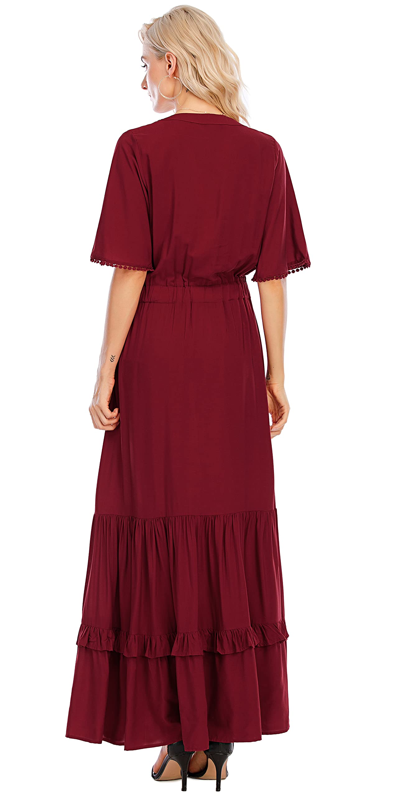R.Vivimos Abito Boho Estivo Donna Abito Sexy Scollo a V Bottoni Manica Corta Vestito Elegante con Volant Orlo Abito Lungo Maxi da Spiaggia Casual per Le Vacanze(S,Vino Rosso)