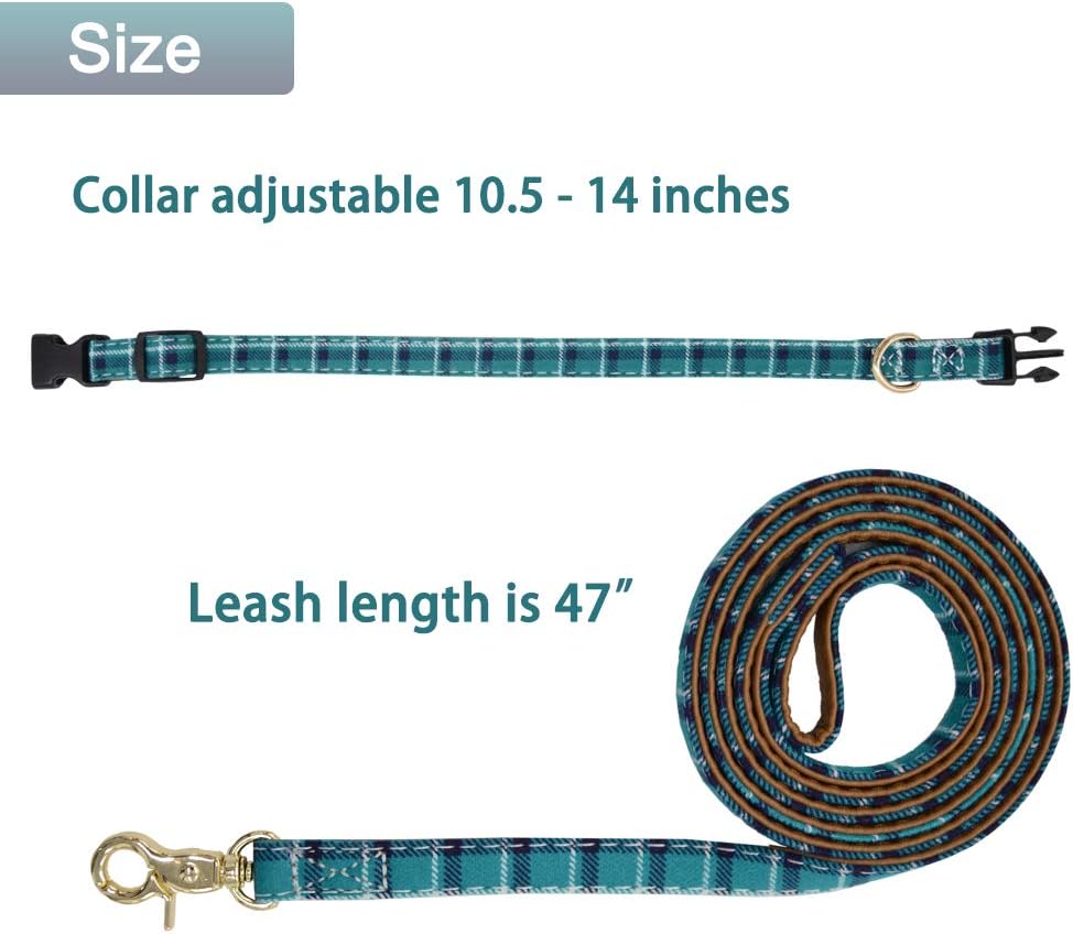 Bow Tie Dog Collar with Leash Set Classic Plaid Adjustable Dogs Collars with Removable Bow Tie for Small to Medium Dogs Green Small