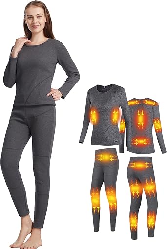 Winter Heated Underwear Set 16 Zones USB Electric Heating Full Body Thermal Base Shirt Bottoms, 3 Levels Temperature