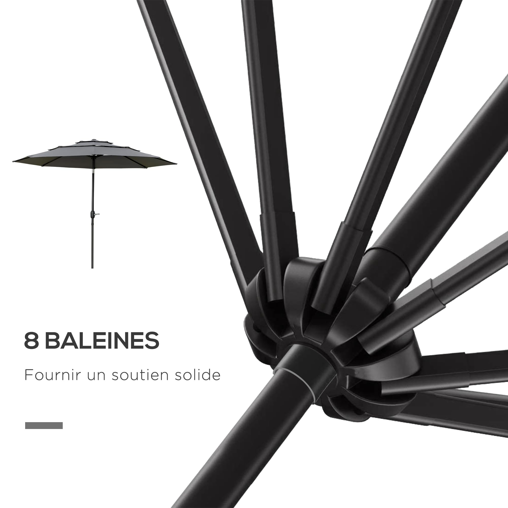 Outsunny Parasol de jardin extérieur parasol inclinable rond Ø 2,85 x 2,5 m avec ouverture fermeture manivelle, 2 évents, toile 180 g/m² protection Anti-UV, parasol pour balcon, terrasse, gris