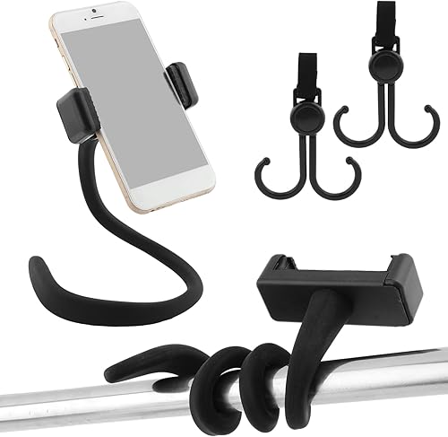 Jaeskeclip Soporte para teléfono para cochecito, 2 abrazaderas antideslizantes y flexibles para teléfono con 2 ganchos dobles para cochecito,
