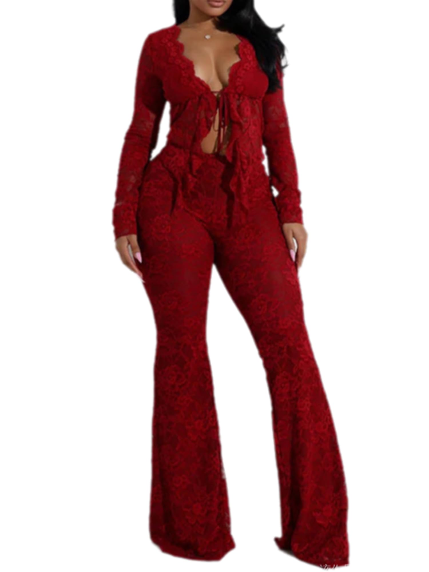 VOIKERDR Two Piece Sets for Women Outfits Sexy Lace Top and Flared Pants Club Outfits for Women Going Out