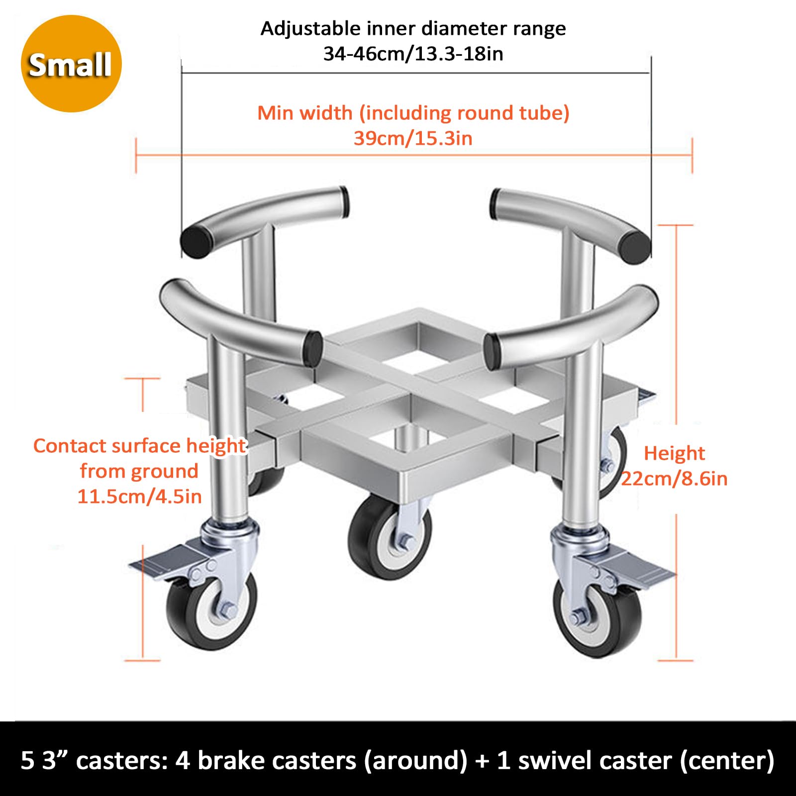 Vaso da fiori in acciaio inox resistente, vassoio mobile con 5 ruote, diametro interno regolabile, capacità di carico 200-300 kg, ideale per uso domestico