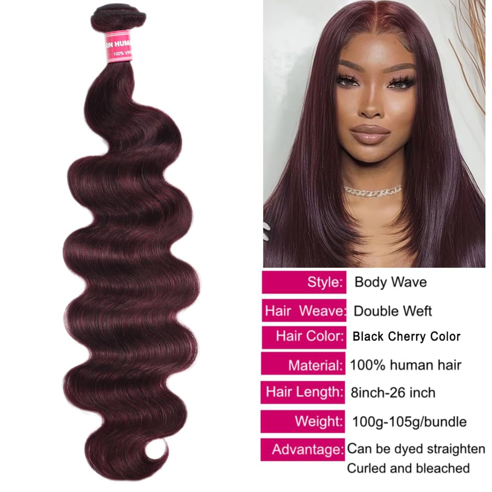 Image of UNICE 12A Body Wave Human Hair Bundles with 4x4 Lace Closure 14 14 14+14 inch 100% Brazilian Virgin Hair Weave Extensions Tangling-Free Shedding-Free Ombre Black Cherry Color