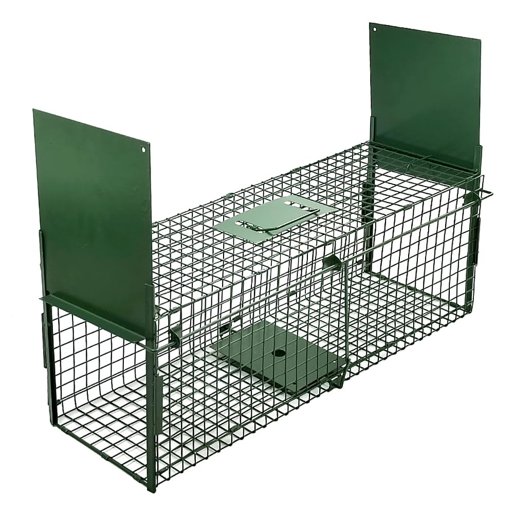 QianRuiDa Piège à Fouine Vivant Piège à Rat Métal Piège Réutilisable Pliable des Animaux pour Martres,Chats,Renards,Raton Laveur Piège d'animaux Cage avec 2 entrées-80 x 26 x 26 CM-Vert
