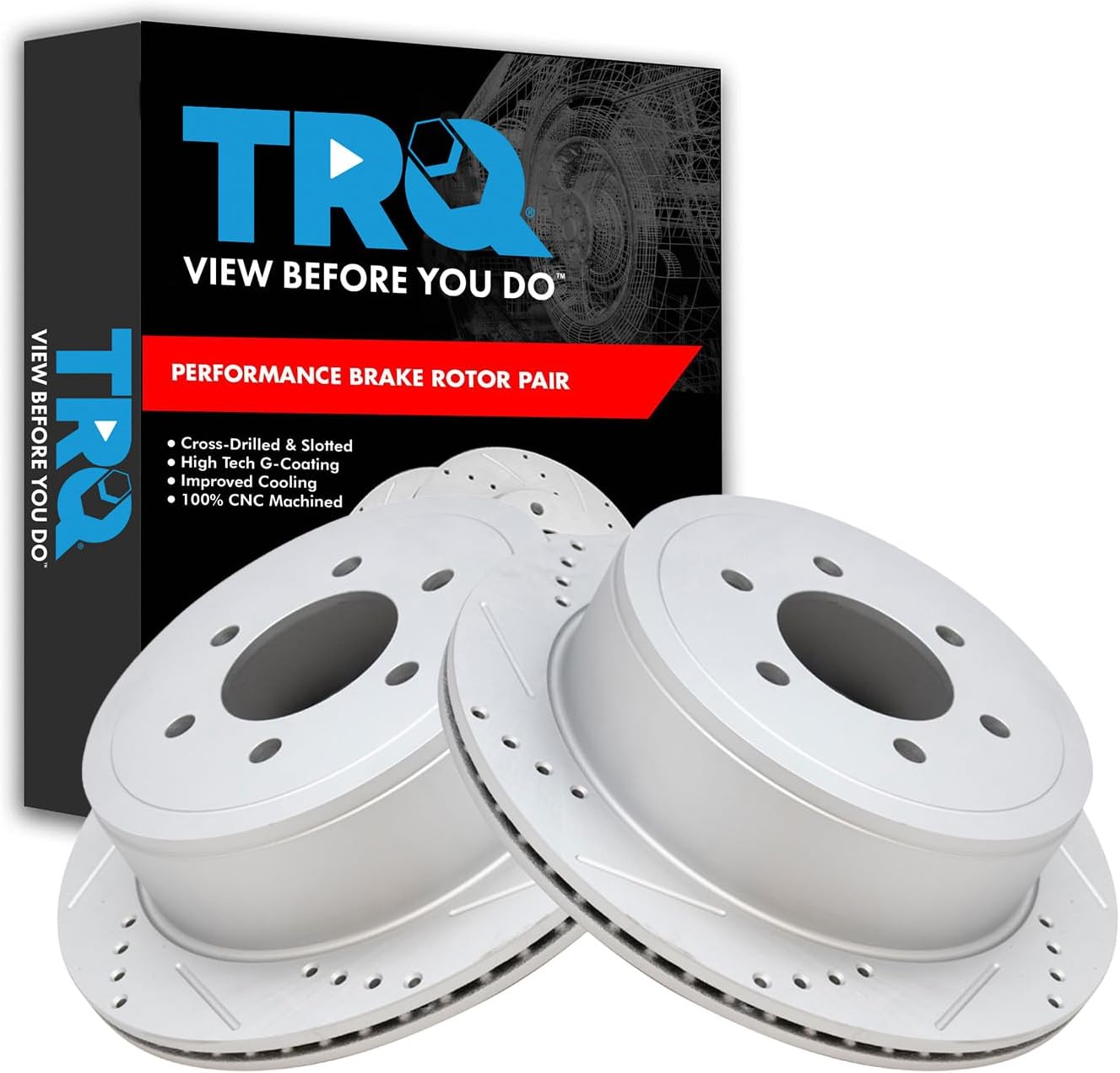 TRQ Rear Brake Rotor Set G Coated Vented Drilled and Slotted Compatible with 2004-2011 Ford F-150 2004 Ford F-150 Heritage 2006-2008 Lincoln Mark LT