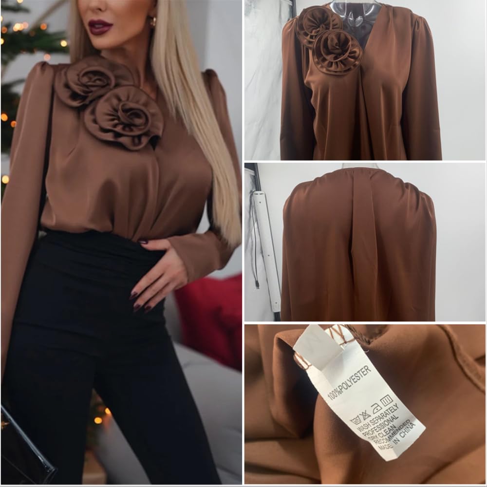 Blusa de satén de Lujo con Escote en V para Mujer, Camisa Elegante de Seda con Adornos de Rosas, Blusa de Manga Larga para Trabajo de Oficina