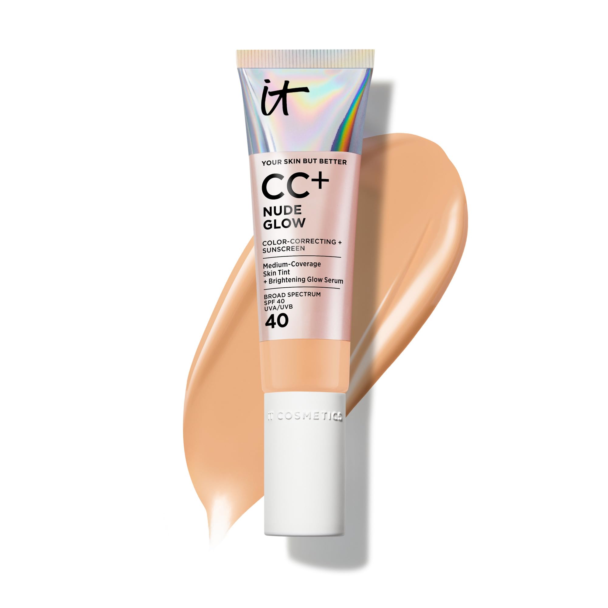 IT Cosmetics CC+ Nude Glow (Medium Tan) - Medium Coverage Foundation with SPF 40 & Brightening Glow Serum, Lightweight Skin Tint, 2% Niacinamide + Hyaluronic Acid, Up to 24H Hydration - 1.08 fl oz