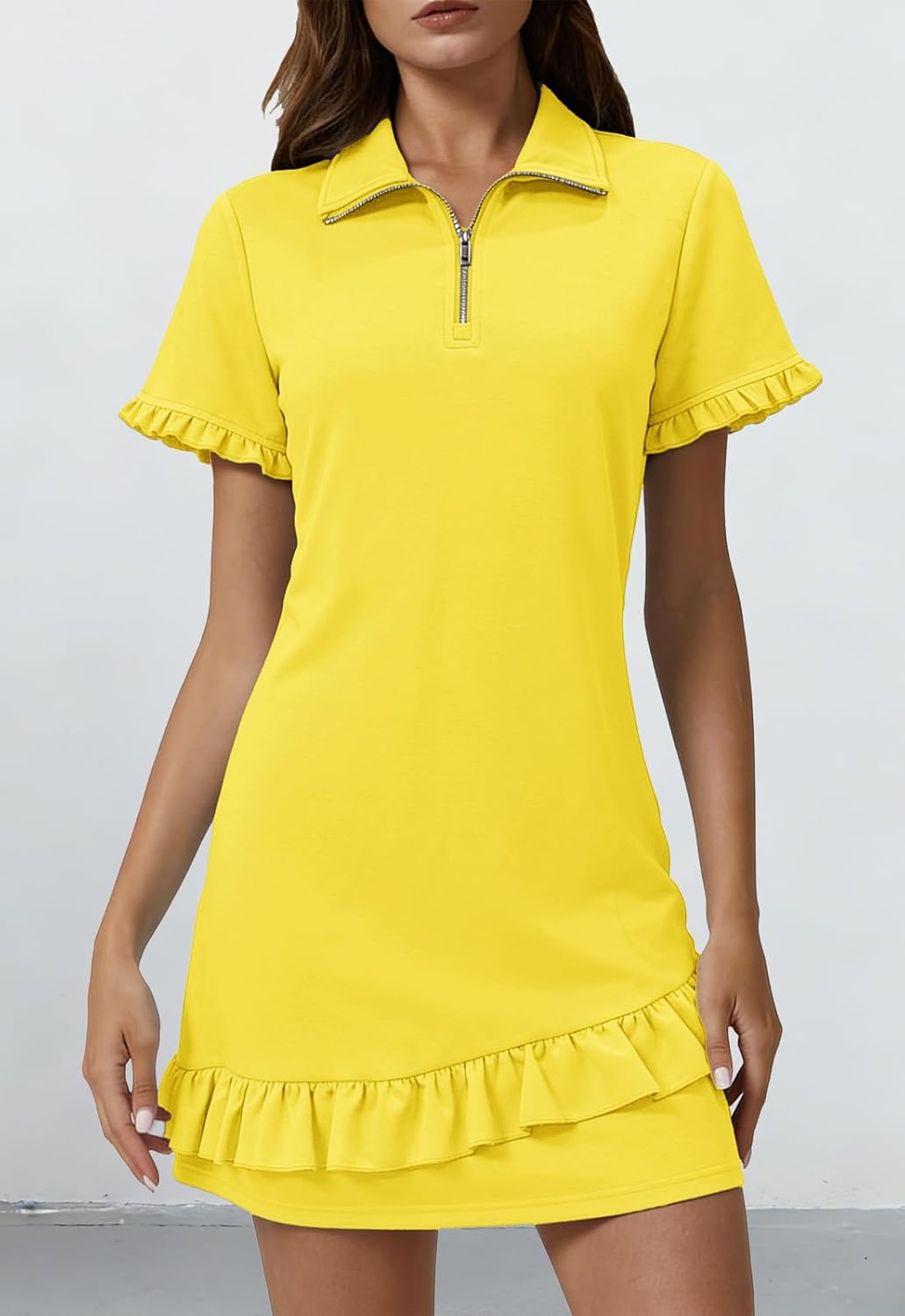 Alaster Queen Women's Casual Shirt Dresses Summer Half Zip Polo Collar Ruffle A-line Short Tennis Dress with Pocket