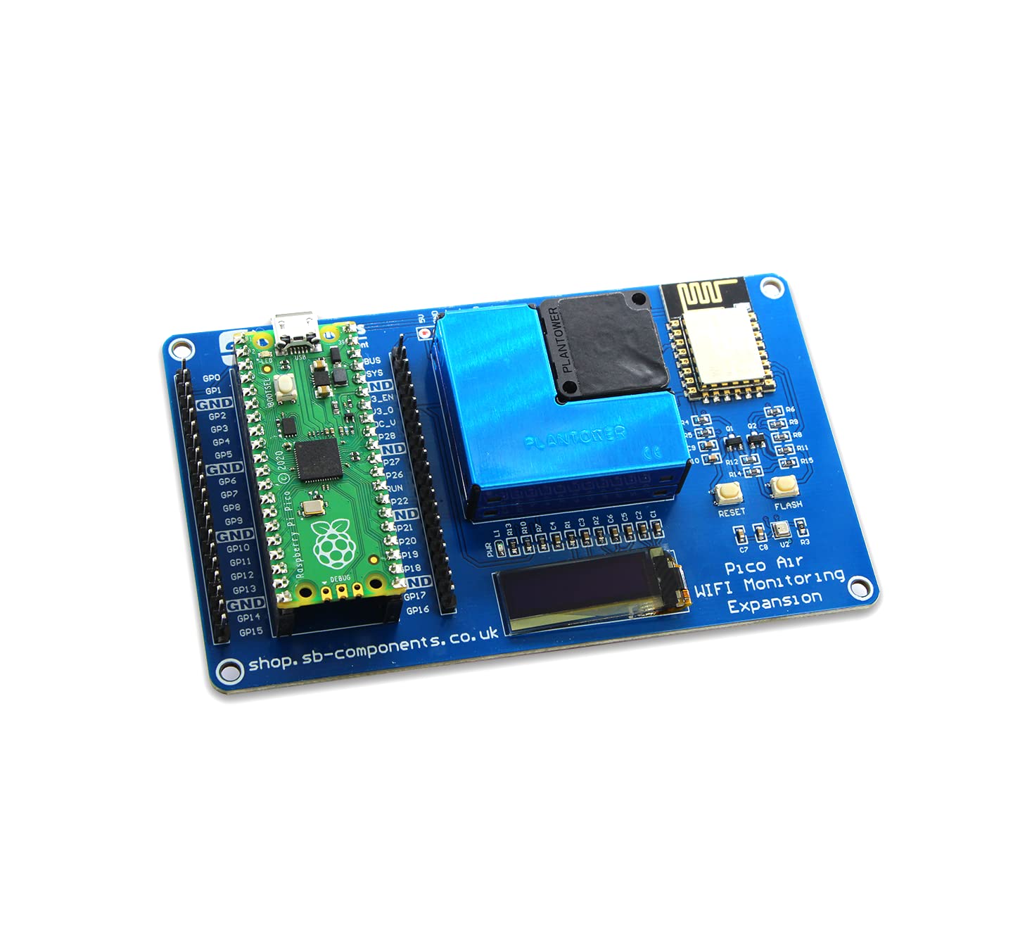 sb components Raspberry Pi Pico Aria WiFi Monitoraggio Espansione PMSA003 Sensore ESP8266 Modulo Monitor Aria Wifi HAT per Raspberry Pi Pico con display OLED da 0,9 pollici integrato