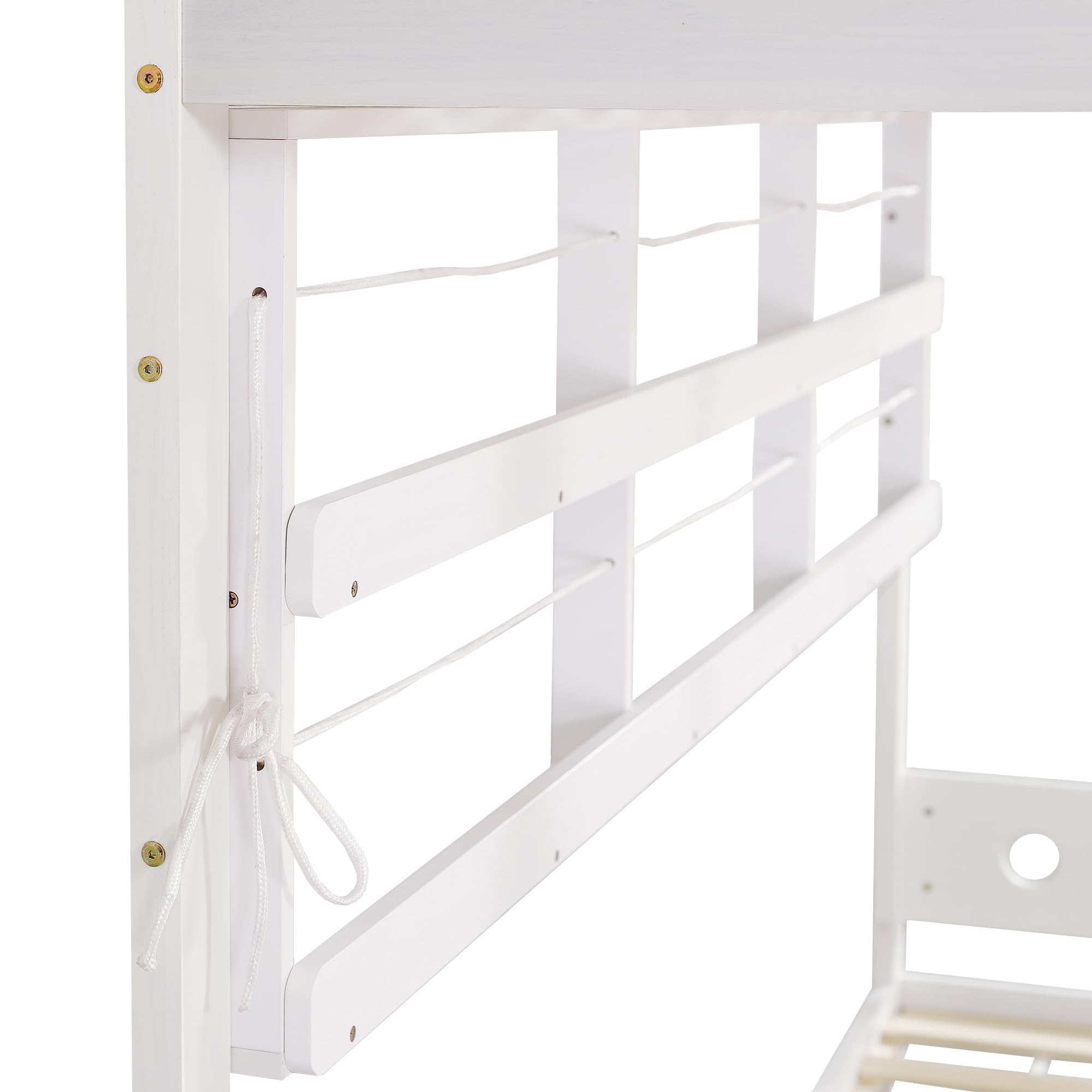 Letto a castello, 90 x 200 cm, lettino con rete anticaduta, due cassetti su ruote, scaffale aperto, scala a cinque livelli, ampio spazio di archiviazione, pino+MDF, bianco