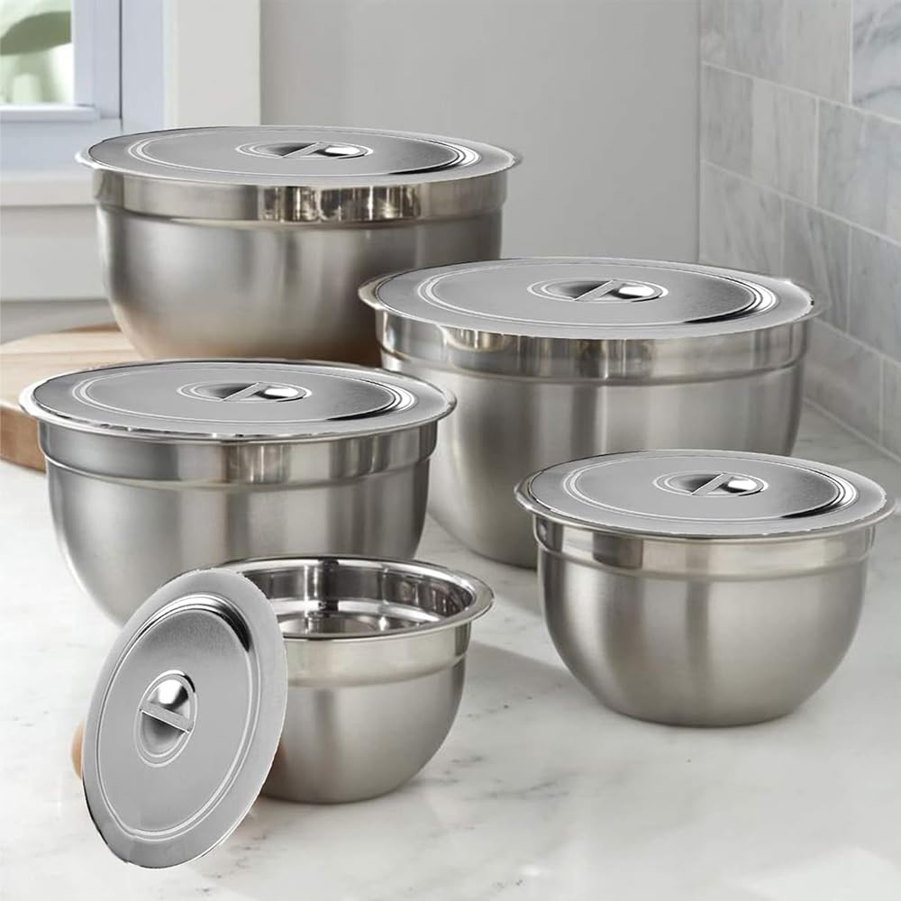 Delux Stainless Steel German Bowl Set with Steel Lid of 5 Piece with 5 Different Sizes- 14, 18, 22, 26, 30 cm