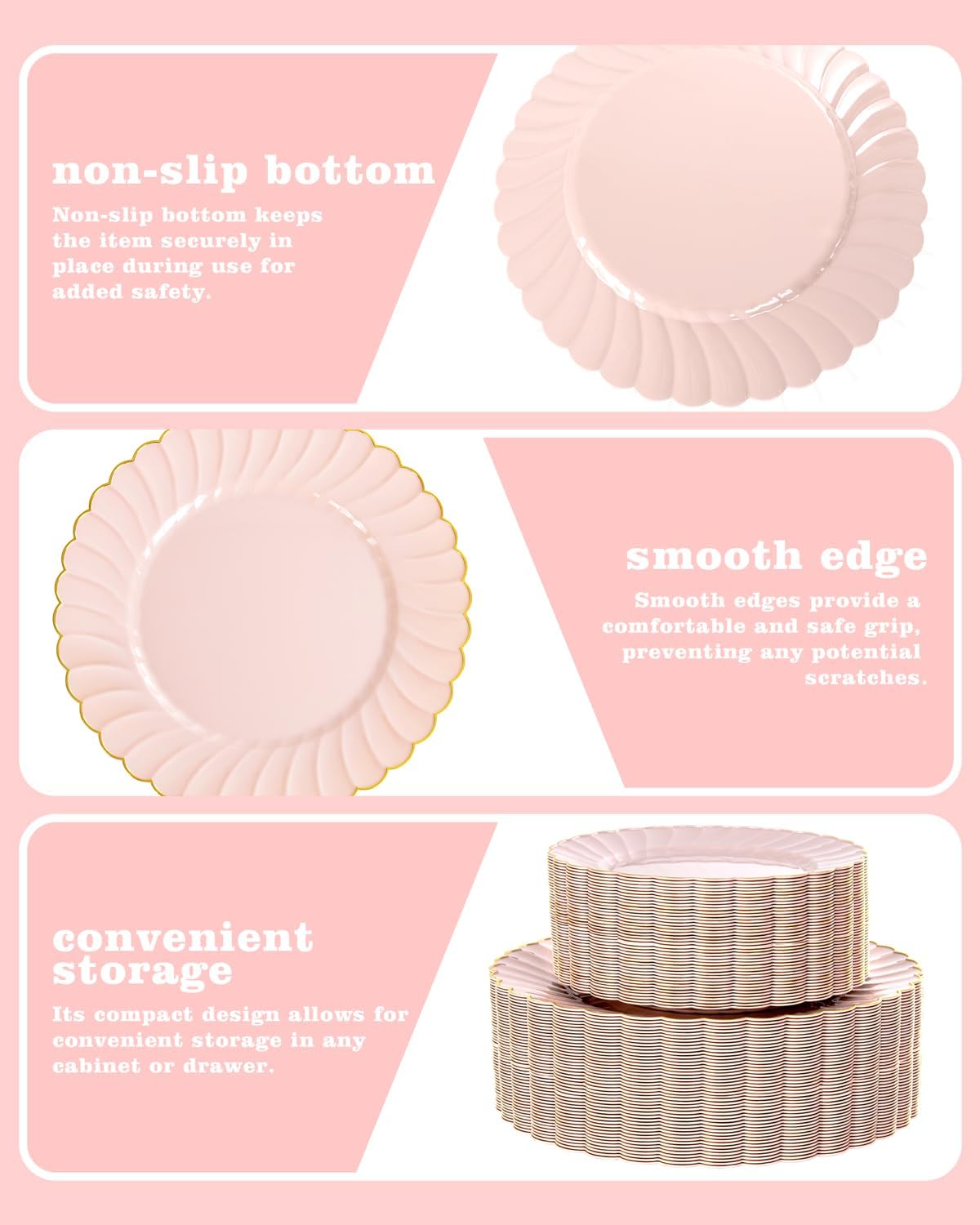 YOUBET 100PCS Pink Scalloped Plastic Plates - Heavy Duty Gold Disposable Fancy Hard Plates Include 50 Dinner Plate, 50 Dessert Plate, for Wedding & Party Easter Mothers Day