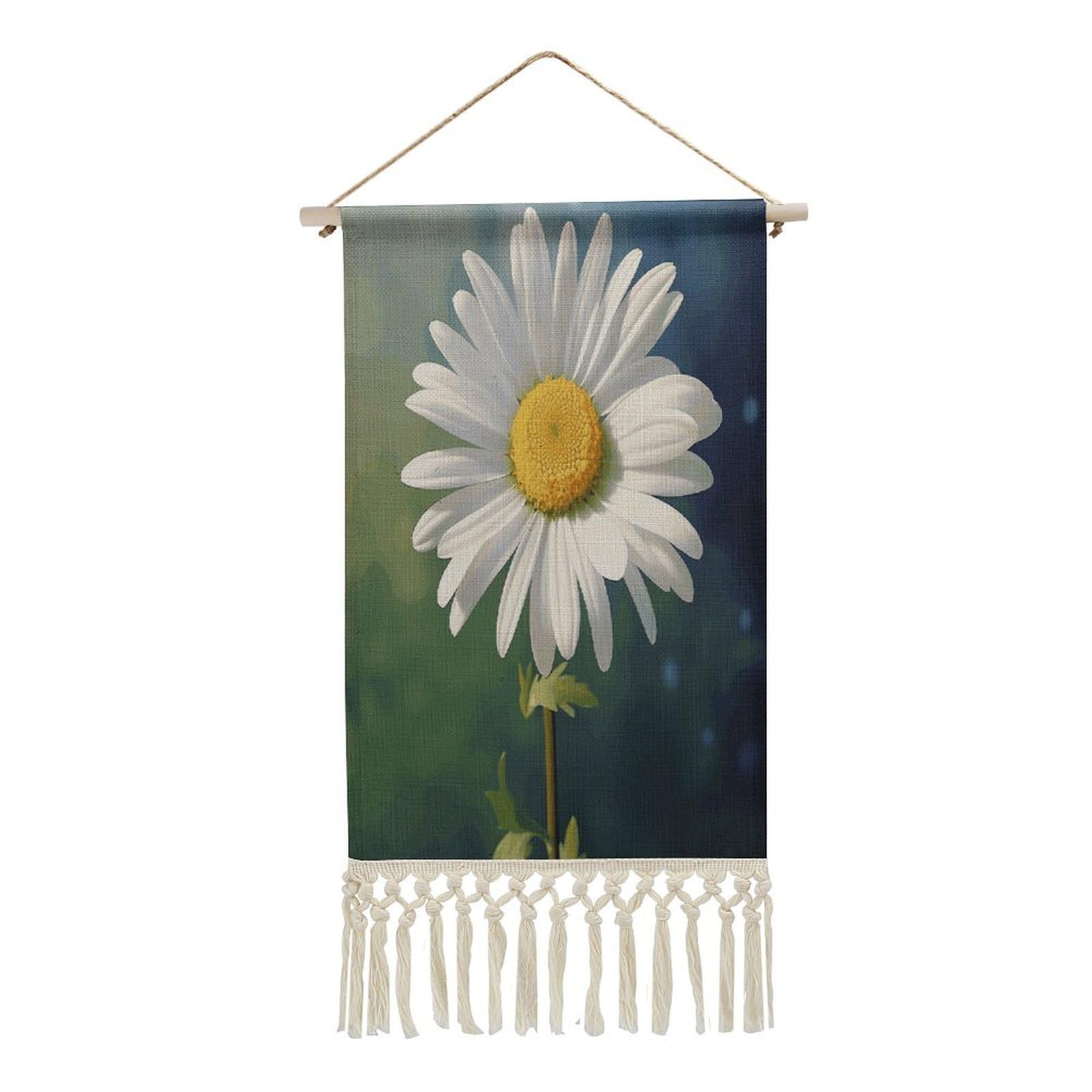 VstaDank Daisy Flower Wall Art Decor with Tassels 20"x10" Cotton Linen Hanging Tapestry Decor Wall Art Prints Wood Frame Boho Wall Art Poster for Bedroom Living Room Office