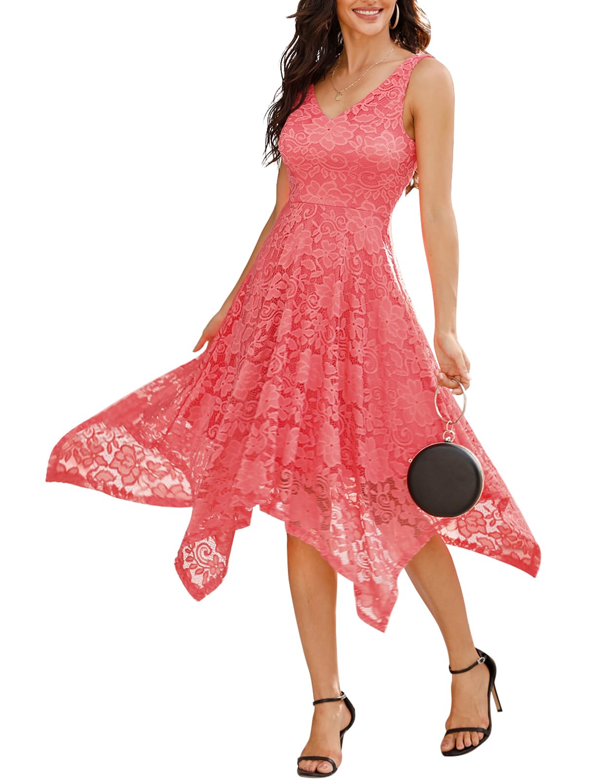 Meetjen Womens Elegant Floral Lace Fancy Dress 2026 Handkerchief Hem Asymmetrical Cocktail Formal Dresses Coral 2XL