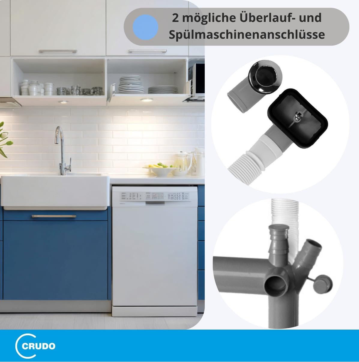 CRUDO PREMIUM Doppel Siphon Waschbecken Bad - 2-Kammer Raumsparsiphon Waschtisch - Abflussrohr Doppelwaschbecken mit Uberlauf,1 1/2" x 40