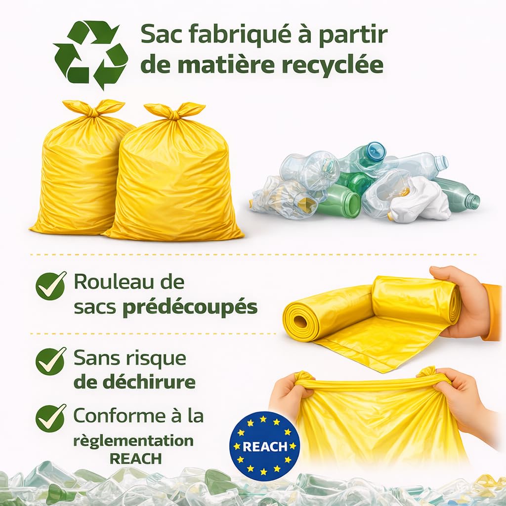Bolsa de basura amarilla de 110 litros, clasificación selectiva | Lote de 50 bolsas de baja densidad 30 micras (30µ) | Papeleras de cartón - Periódicos - Botella de plástico - Embalaje de metal |