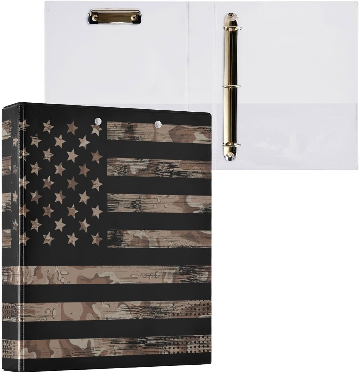 3 Ring Binder, American USA Flag with Desert Camouflage File Folder Holds 200 Sheets File Storage for Women Men School Office Supplie
