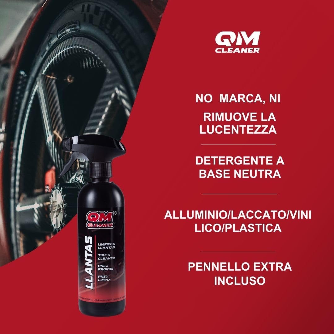 QM Cleaner Kit di Pulizia Cerchi e Lucidante per Pneumatici per Auto | Include 500 ml Detergente per Cerchi, 200 ml Lucidante per Pneumatici, Spazzola e Spugna Kit Completo per Veicolo