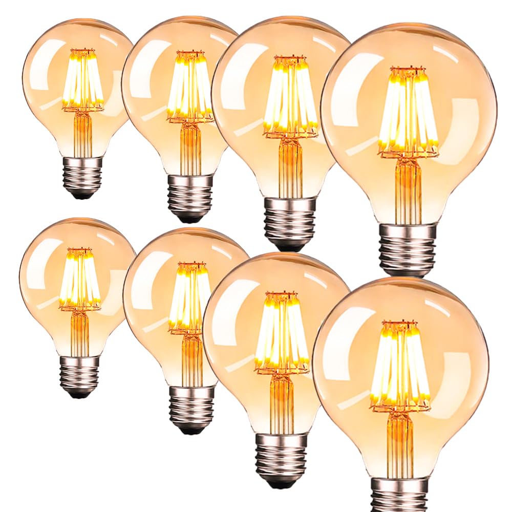 8 Stück Edison Vintage Glühbirne 6W G95 E27 LED Filament Lampe Globe(Ersetzt 60W Glühlampe),600 LM,Warmweiß 2700K,Amber Glas, Nicht Dimmbar Antike Alte Edison Glühlampe