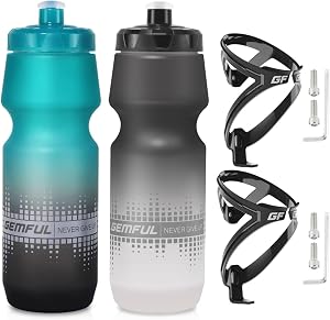 GEMFUL Bike Water Bottle Holder Combo 2 Pack 24oz Squeeze Cycling Water Bottles with Pull Top Lid and Easy Install Bike Cage Leakproof BPA Free Reusable for Mountain Road Bicycle Gym Hiking