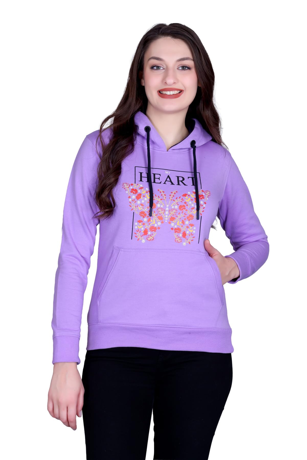 hold Women's Floral Butterfly Heart Printed Hoodie Sweatshirt, Lavender, Fleece Fabric, Long Sleeve, Casual Pullover with Front Pocket-picture-4