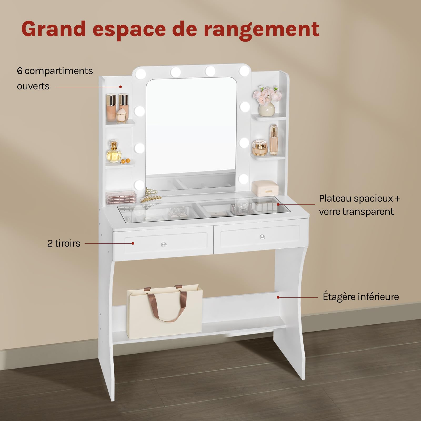 WOLTU Coiffeuse avec Miroir LED, Plateau en Verre, Blanche