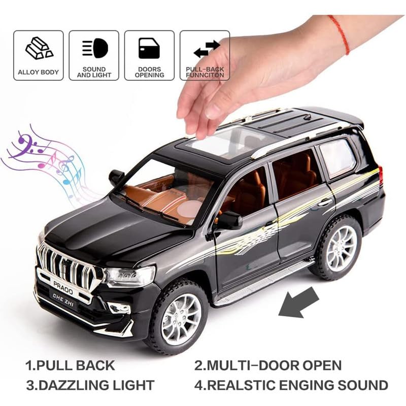 Image of New 1:24 Prado Diecast Alloy Metal Pull Back Car with Openable Doors Music Sound and Light Vehicle Toy Car for Kids Boys (Black)