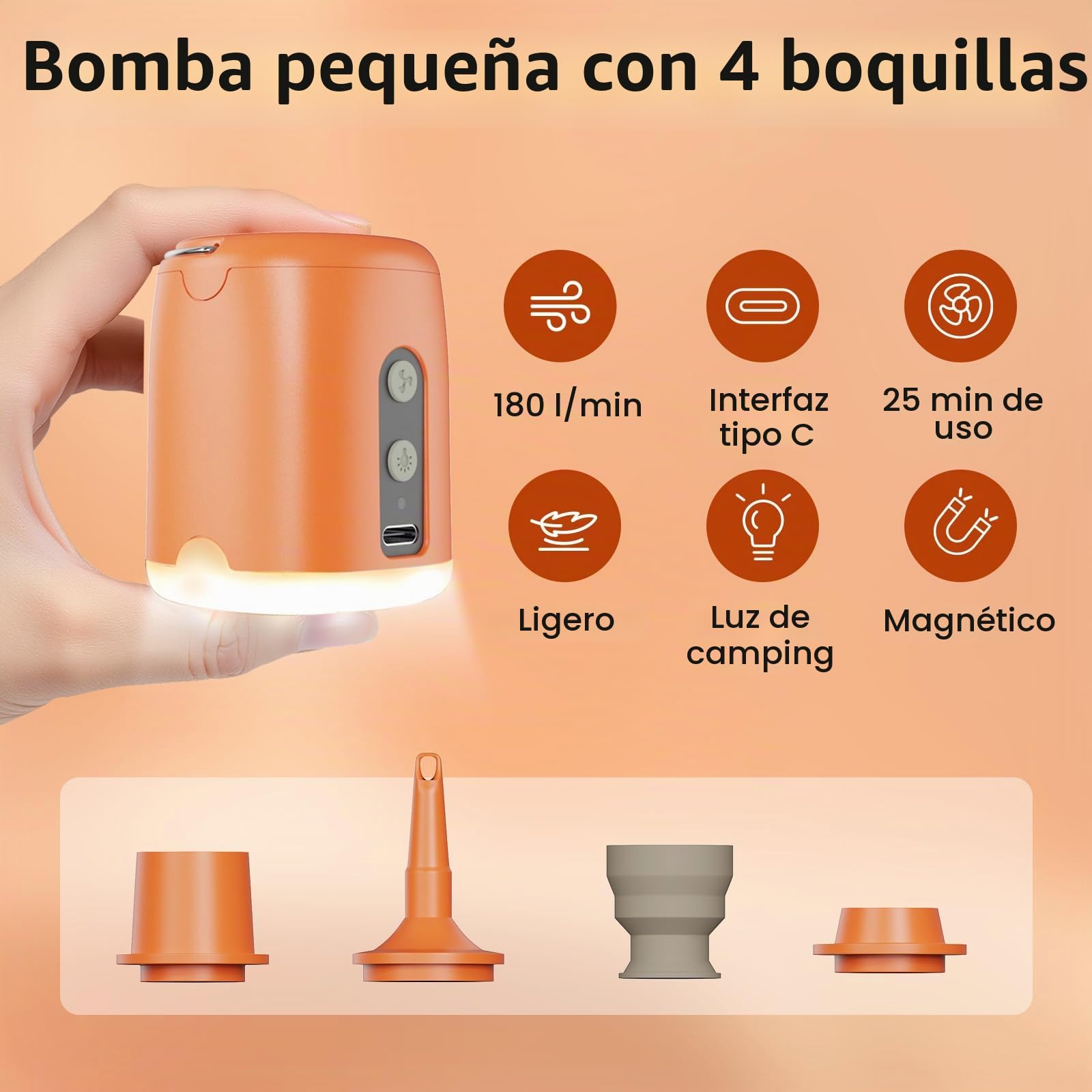 Inflador Electrico, Inflador Colchon Hinchable de 1600mAh con Inflado, Succión, Luz LED, Hinchador Colchón Hinchable con 4 Boquillas para Inflar Juguetes de Piscina, Flotadores y Bolsas de Vacío