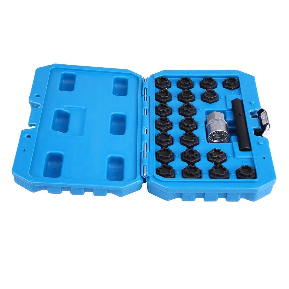 22 Piezas Juego de llaves de tuercas de bloqueo de rueda de, Herramienta de Juego de zócalos torcidos para quitar tornillos de tuercas antirrobo de rueda de coche de aleación de acero con juego de ada
