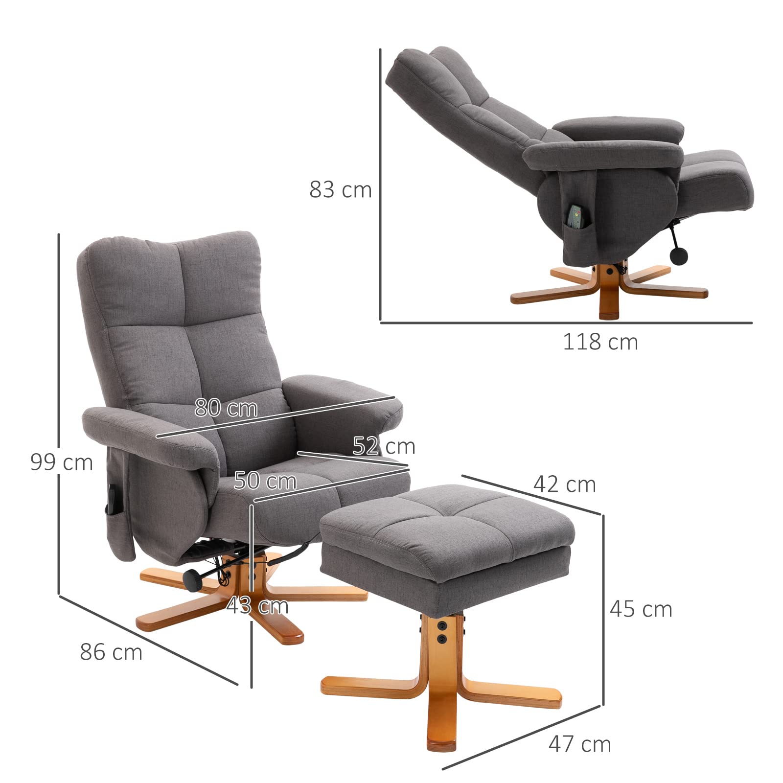 HOMCOM Sillón Relax Reclinable con Reposapiés Sillón de Masaje Eléctrico con 10 Puntos de Masaje Función Reclinable Giratorio 360° Mando a Distancia Bolsillo Lateral para Salón Oficina Gris Oscuro