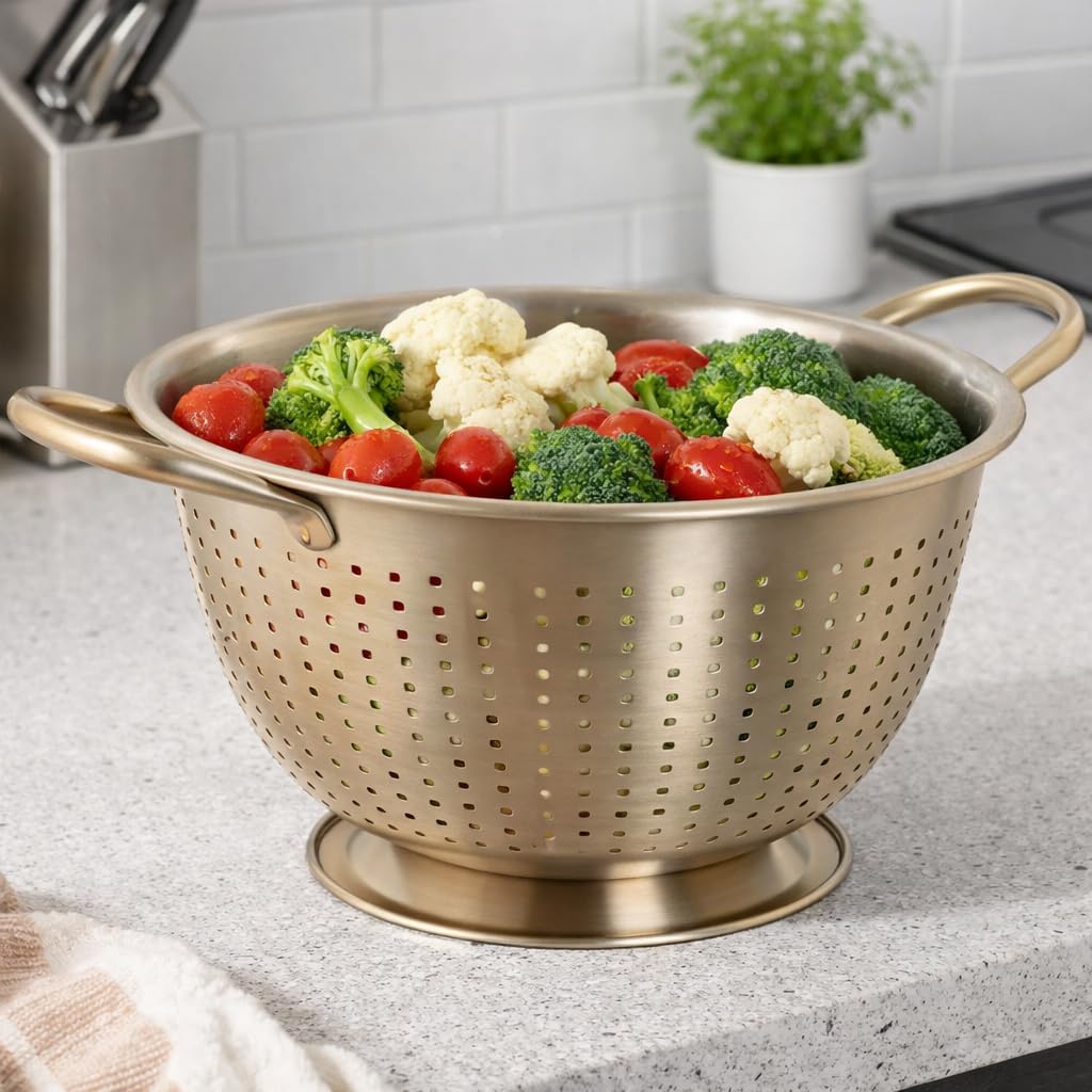 MGE - Colino da Cucina in Acciaio Inox Dorato con Manici e Base - Scolapasta per Pasta, Riso e Verdure - Colino Professionale per Cucina - Versatile Per Quinoa, Cereali, Riso, Verdura E Pasta - 24 cm