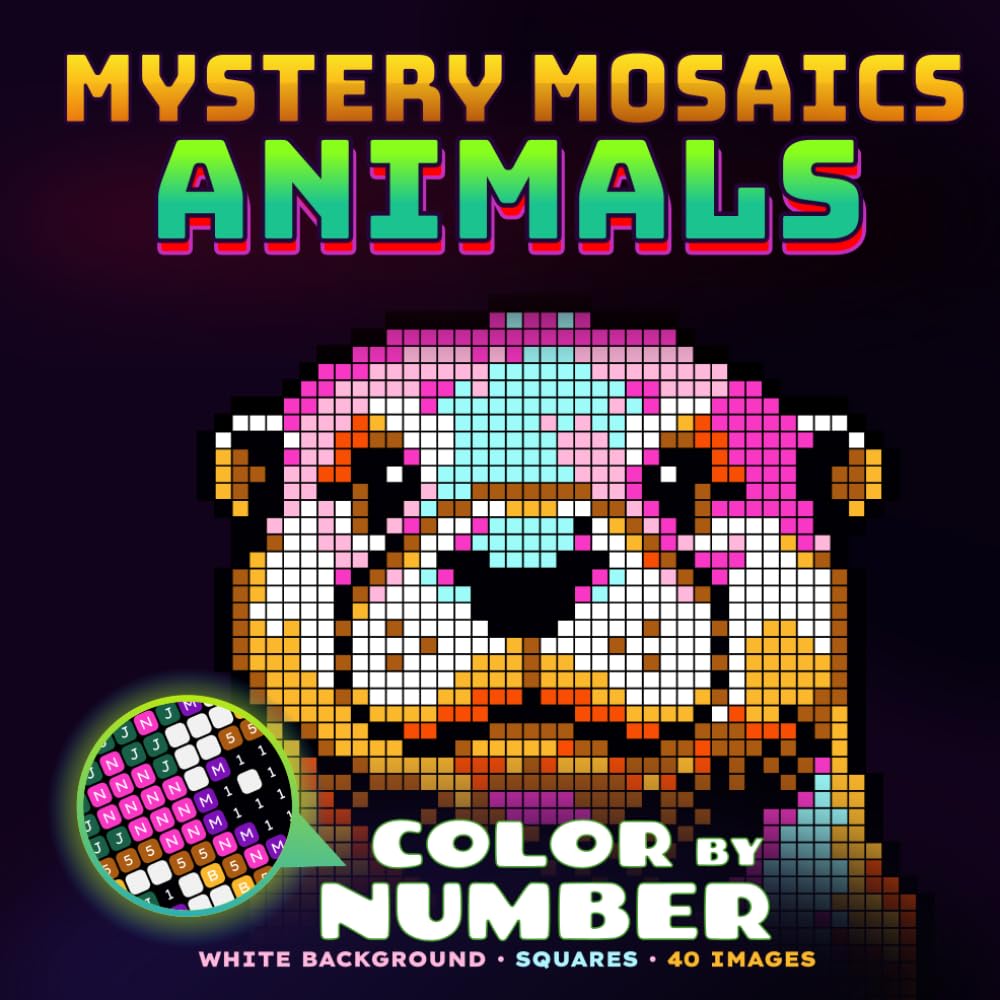 Mystery Mosaic Animals Color by Number: 40 Hidden Pixel Art Puzzles: A Relaxing Color by Number Coloring Book for Adults & Teens