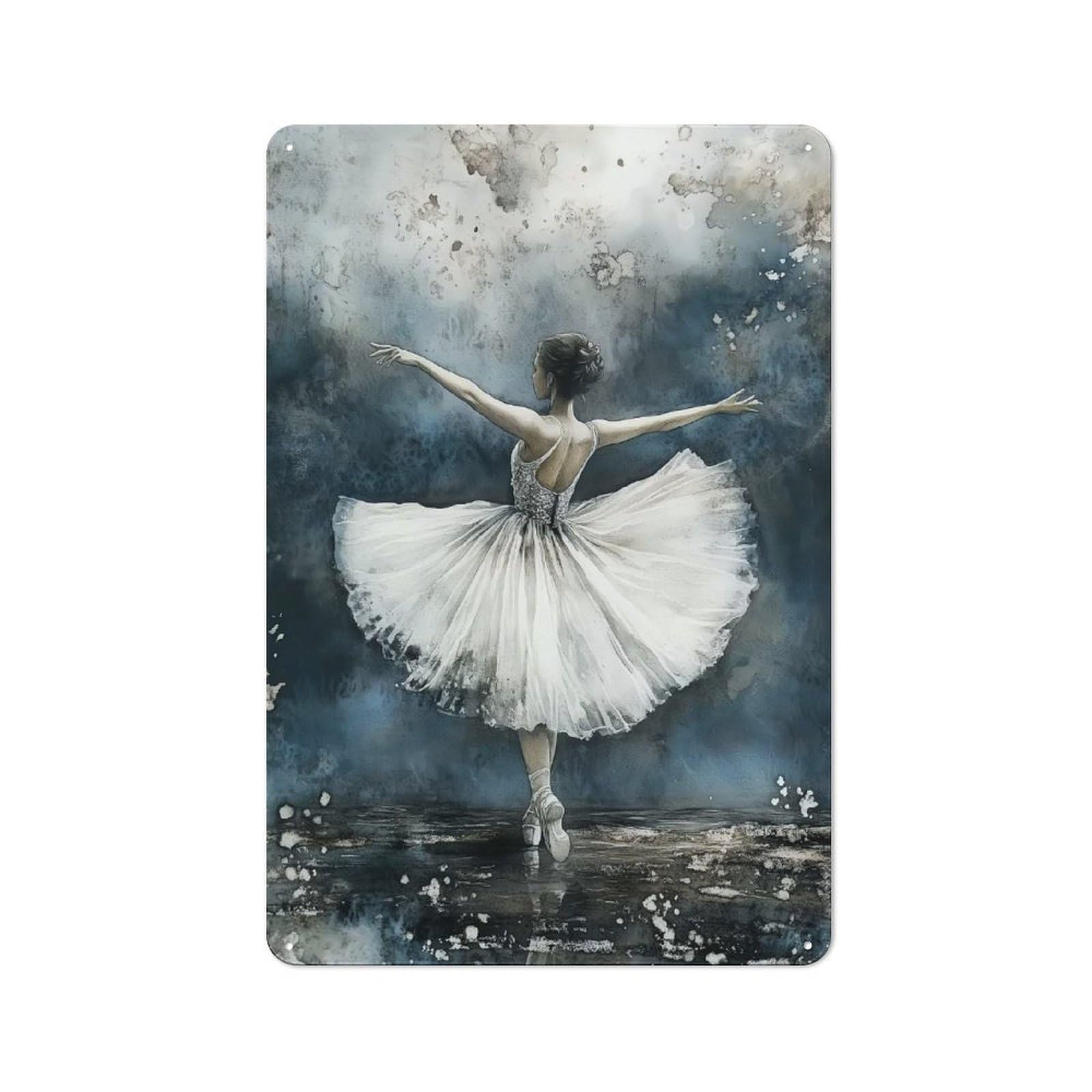 Junmoney Style-4 Urban Ballerina In White Tutu Watercolor Painting Decorative Metal Plaque 30X20cm, Urban Room Decor For Flat, Bar, Studio Or Gallery Wall