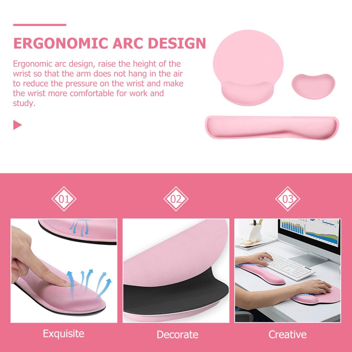Mauspad 3-in-1 Satz mit Memory Schaum und Gummi, Rosa | Ergonomische Bogenform, Rutschfeste Unterseite, Präzise Positionierung für Laptop, Lernen und Lange Nutzung