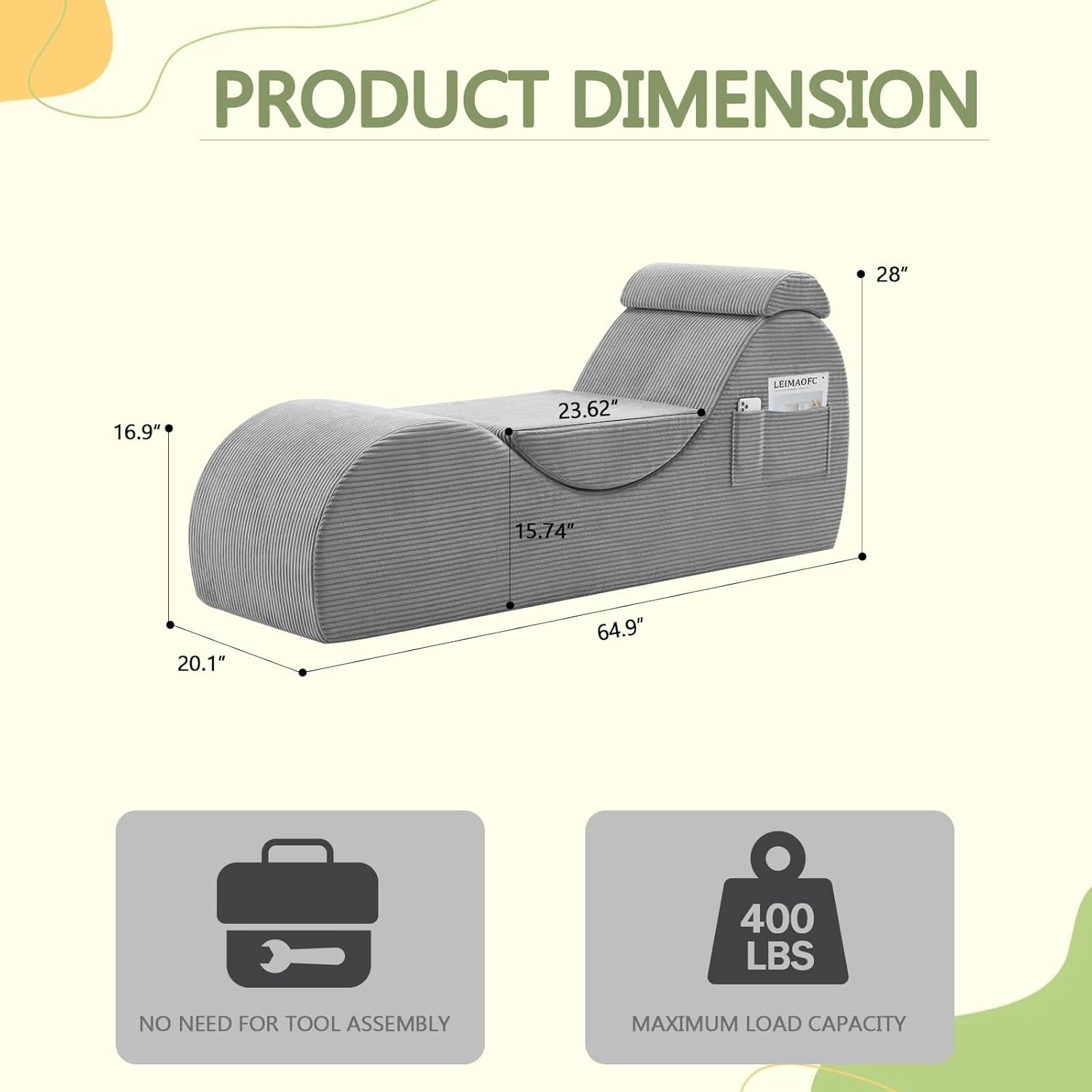 Yoga Chair Lounge for Adult, Ergonomic Chaise Lounge Chair with Side Pocket, Headrest, Waist Pad, Perfect for Stretching, Massage, and Relaxation, Used in Living Room, Bedroom（Grey）