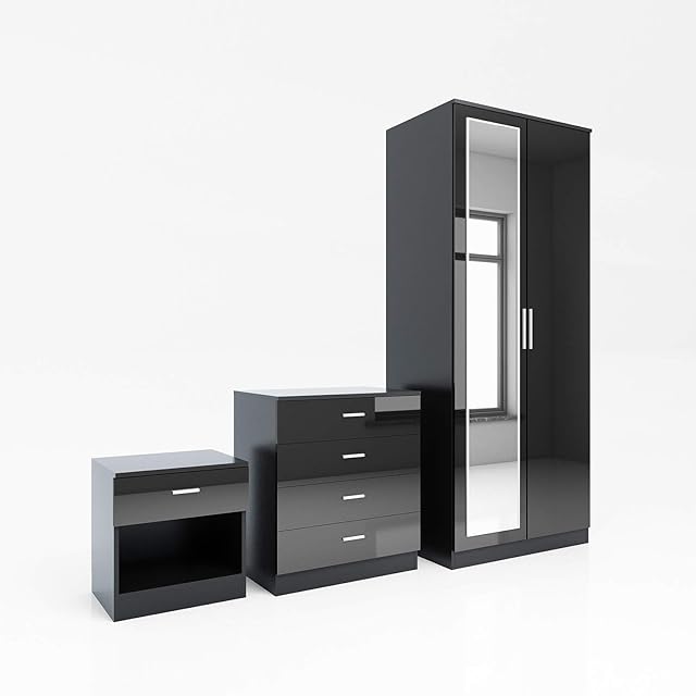 ELEGANT 3 Pieces Bedroom Furniture Sets High Gloss Soft Close Wardrobe with Mirror + 4 Storage Drawer Chest of Drawers + Bedside Cabinet, Black Bedroom Wardrobe and Chest of Drawers Set