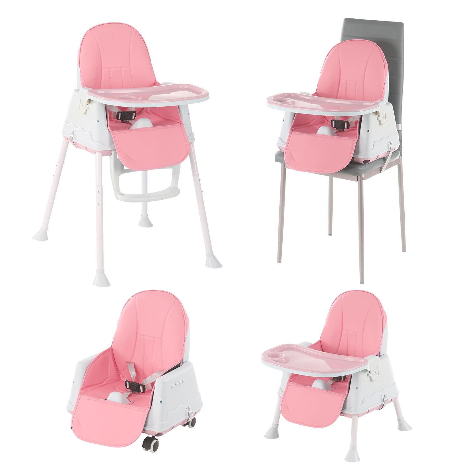Adjustable 4-in-1 Baby Highchair Infant High Feeding Seat Toddler Table Chair, Pink. (Pink)