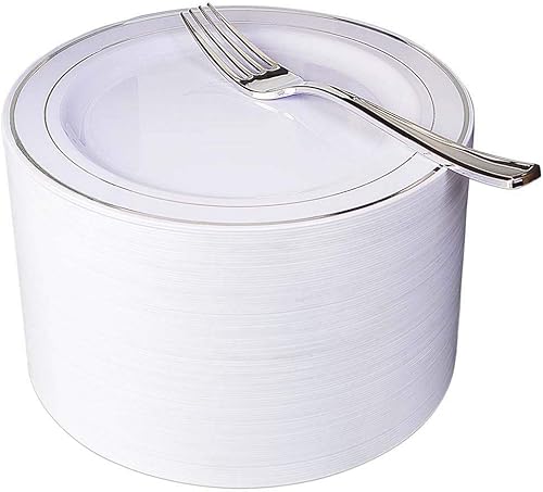 Nervure 140 platos de plástico dorado festoneado y cubiertos de plástico dorado con mango blanco 40 platos, 20 tazas, 20 tenedores, 20 cuchillos, 20